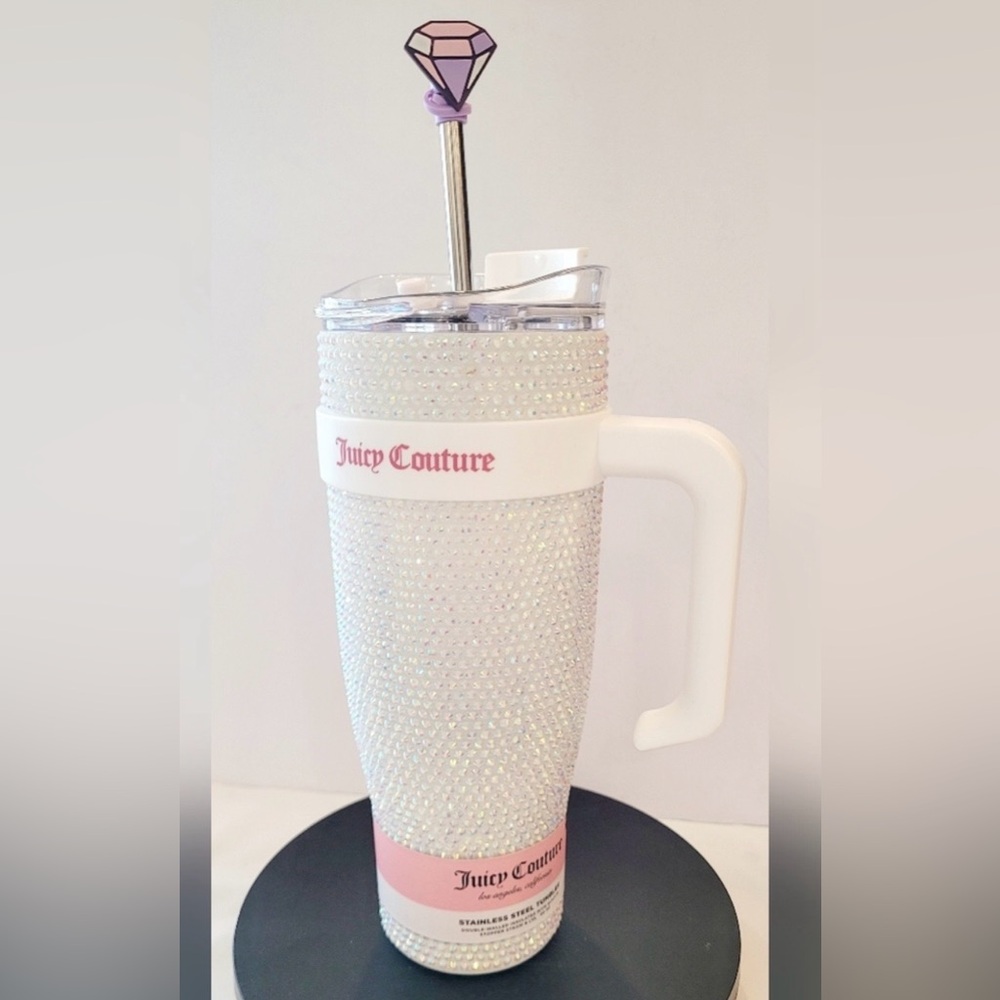 Juicy Couture Tumbler Rhinestone with Pink Logo and handle. Straw and topper!NWT